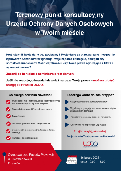 Plakat promujący konsultacje i porady z zakresu ochrony danych osobowych organizowane przez Urząd Ochrony Danych Osobowych